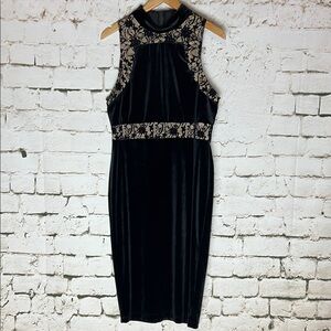Bisou Bisou Black Velvet Midi Dress with Cream Lace Accents